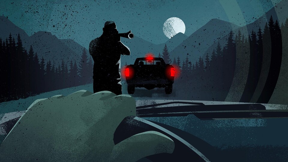 Illustration montrant un tireur dehors pointant son arme vers un conducteur au volant de son véhicule.