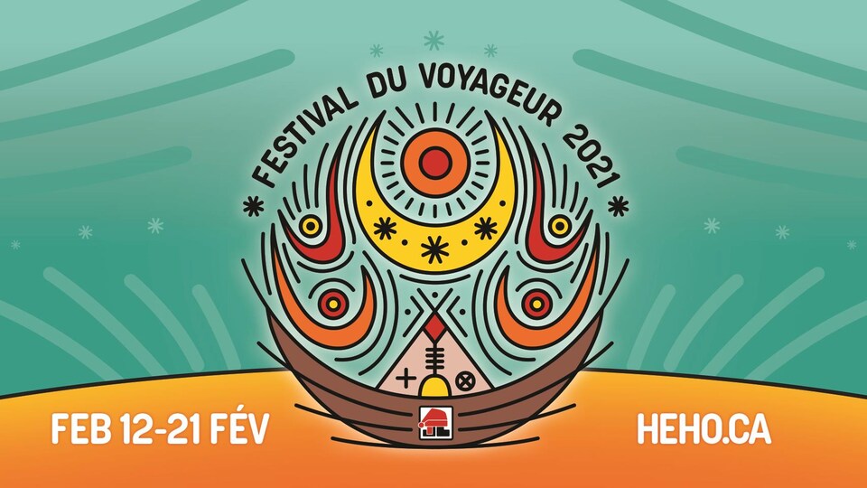 Un logo rond avec un tipi et ce qui ressemble à des silhouettes et un feu.