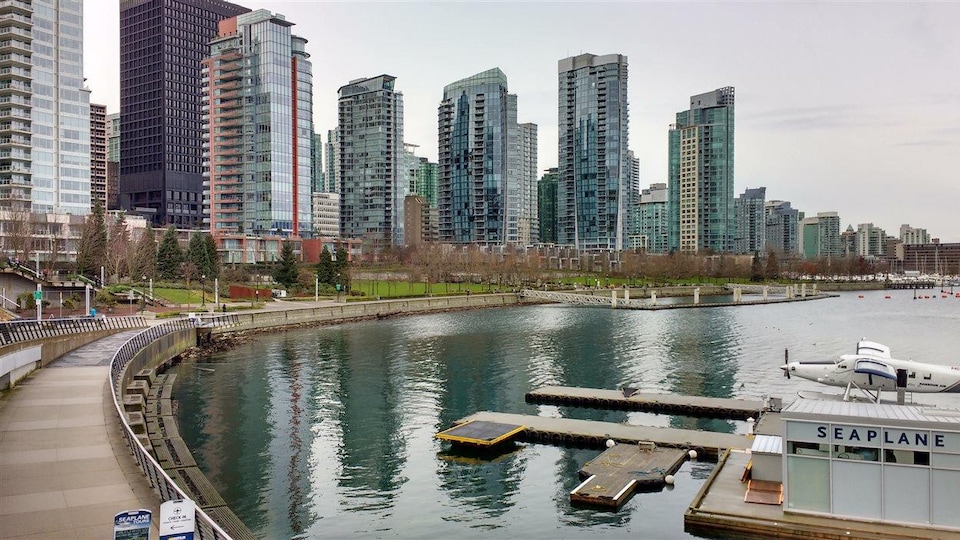 Des dizaines de tours résidentielles sont au bord de l'eau dans le quartier Coal Harbour à Vancouver