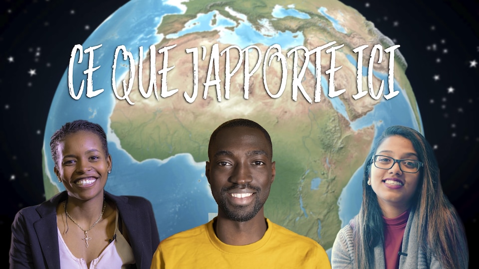 Trois immigrants fransaskois sur un arrière-plan de la planète terre avec le titre « Ce que j'apporte ici » au-dessus de leur tête.