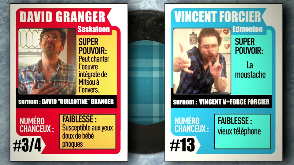 Deux cartes de hockey avec les membres de l'équipe des carreautés du match d’impro virtuel : IMPROVISIO. Il s'agit de David Granger et de Vincent Forcier.