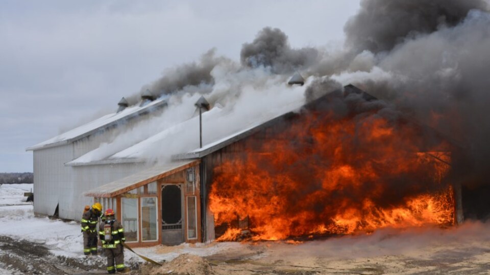 Un incendie a complètement détruit un bâtiment d'une ferme laitière de la Paroisse de Plessisville.