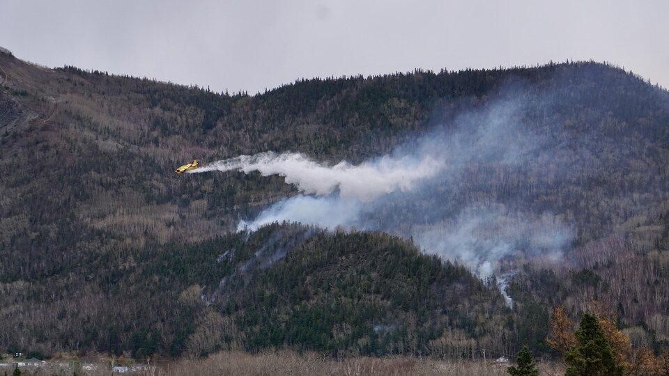 Un avion déverse de l'eau sur un feu de forêt dans une montagne d'où se lève un panache de fumée.