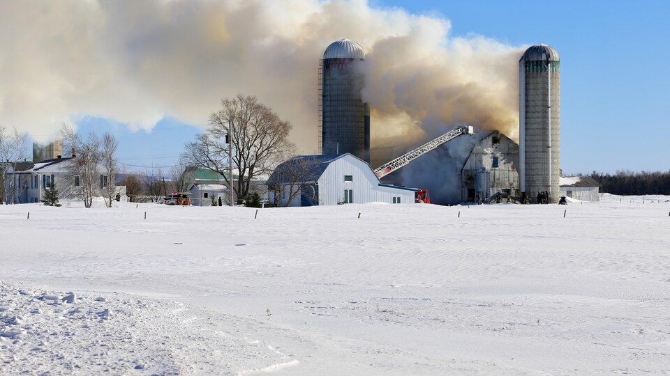 Une trentaine de pompiers combattent un incendie dans un bâtiment agricole.