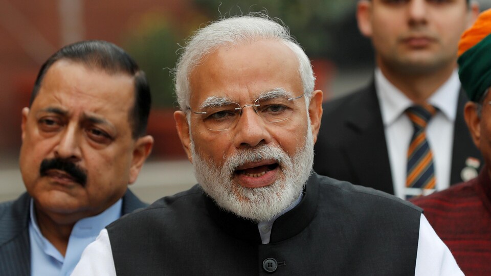 Une photo du premier ministre indien Narenda Modi, en train de prononcer une allocution.