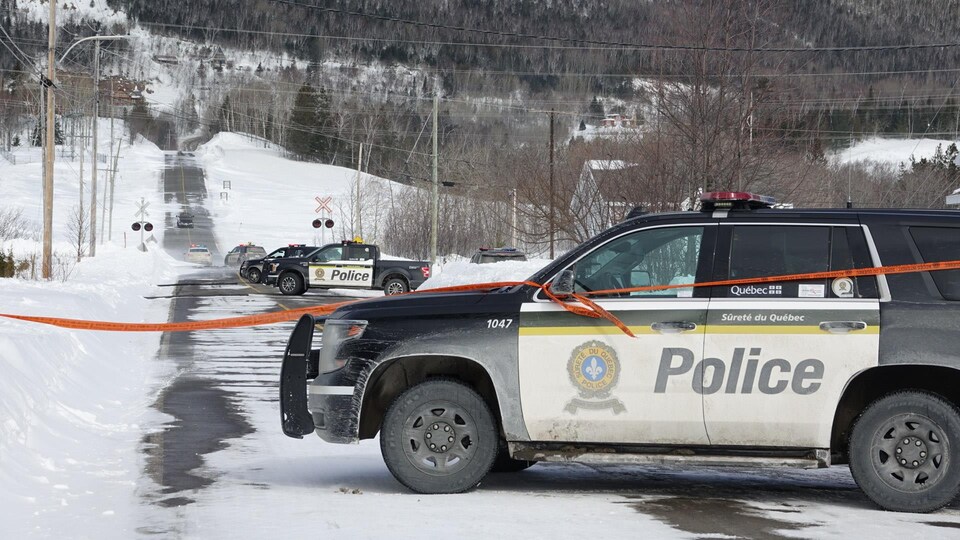 Plusieurs voitures de police et le véhicule suspect, en arrière-plan, dans un chemin en pente.