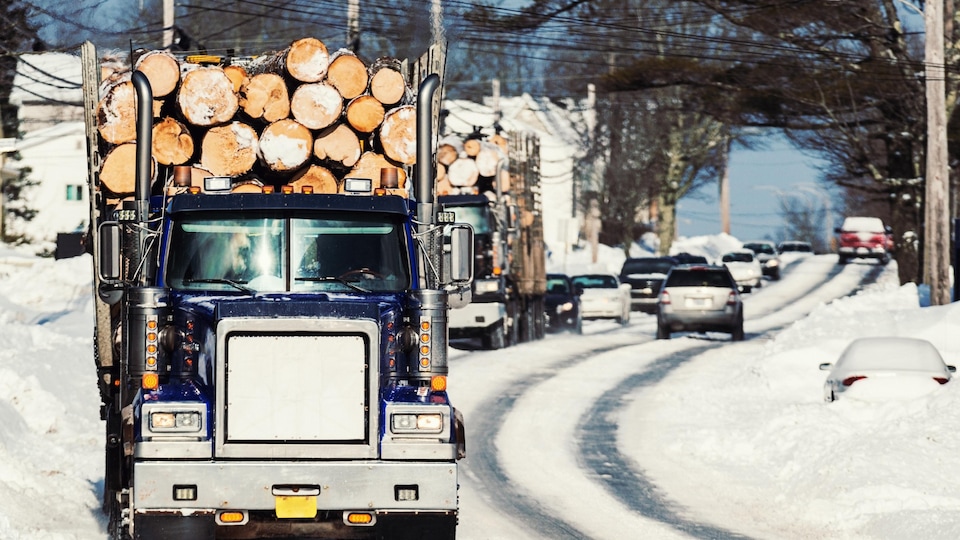 Un camion rempli de billots de bois circulent sur une route rurale enneigée de la Nouvelle-Écosse.