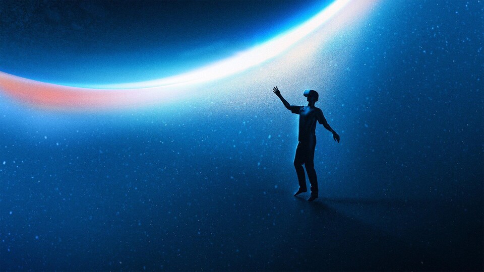 Une personne est dans l'espace avec un casque de réalité virtuelle.