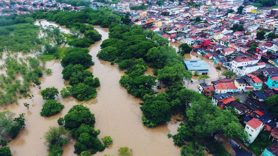 Vue aérienne d'une zone urbaine et d'un parc inondés. 