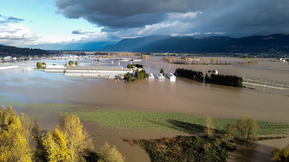 Vue aérienne d'une plaine avec des fermes inondées.