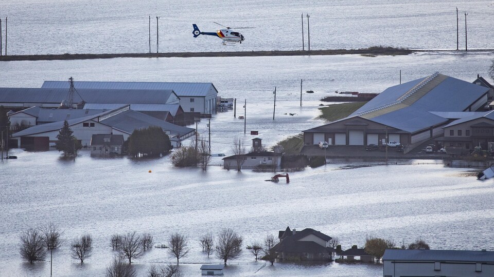 Un hélicoptère de la Gendarmerie royale du Canada survole des fermes inondées de la région de Sumas Prairie.