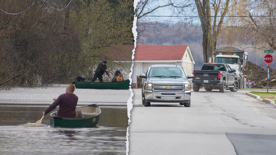 En mai 2017, les résidents du boulevard Hurtubise devaient se déplacer en bateau. Un an plus tard, les dommages sont toujours bien visibles.
