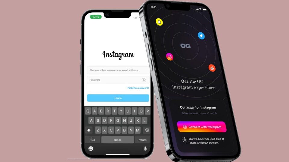 Deux téléphones intelligents d'Apple affichent des applications ressemblant à Instagram. 