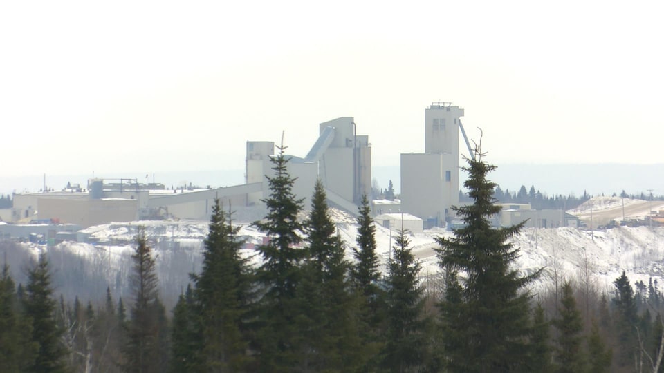 Les installations de la mine Westwood vues de loin, avec des épinettes noires devant.