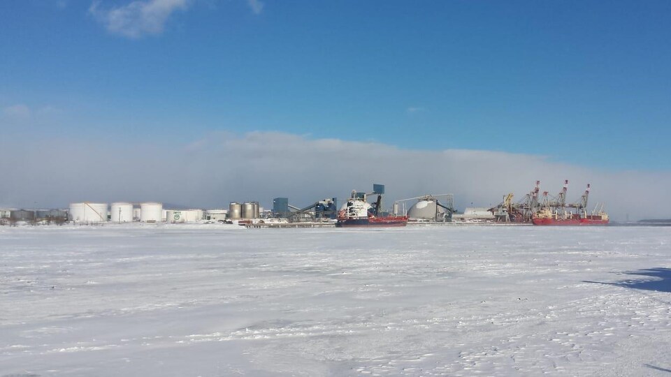 Des navires amarrés devant les installations portuaires de Glencore, à Québec, en hiver.