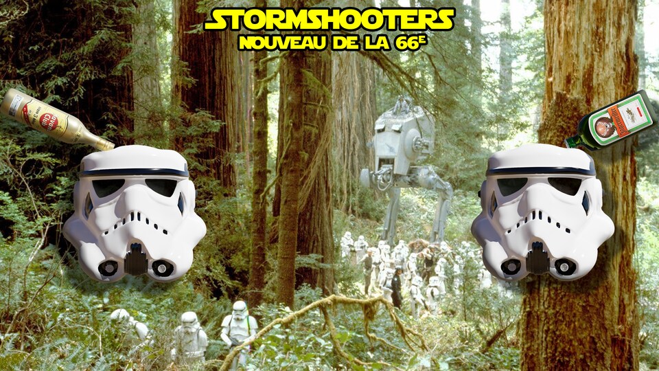 Une image de stormtroopers rebaptisés Stormshooters avec des images de bouteilles d'alcool.