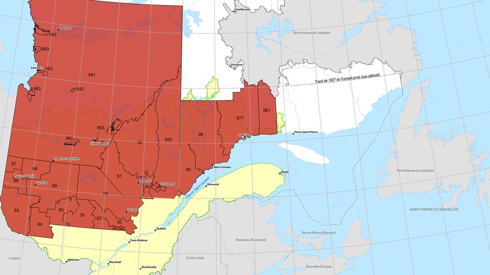 Une carte du Québec avec une section en rouge. 