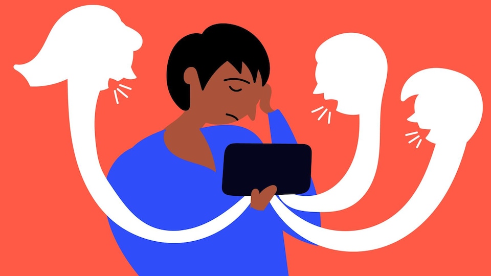 Un dessin d'une personne de couleur tenant un téléphone dans sa main. Des têtes émergent du téléphone et semblent insulter la personne, qui affiche un air triste.
