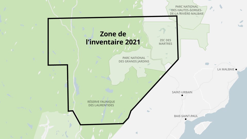 Carte de délimitation qui passe dans la réserve faunique des Laurentides, le parc national des Grands-Jardins, la ZEC des Martres et une petite partie du parc national des Hautes-Gorges-de-la-Rivière-Malbaie.