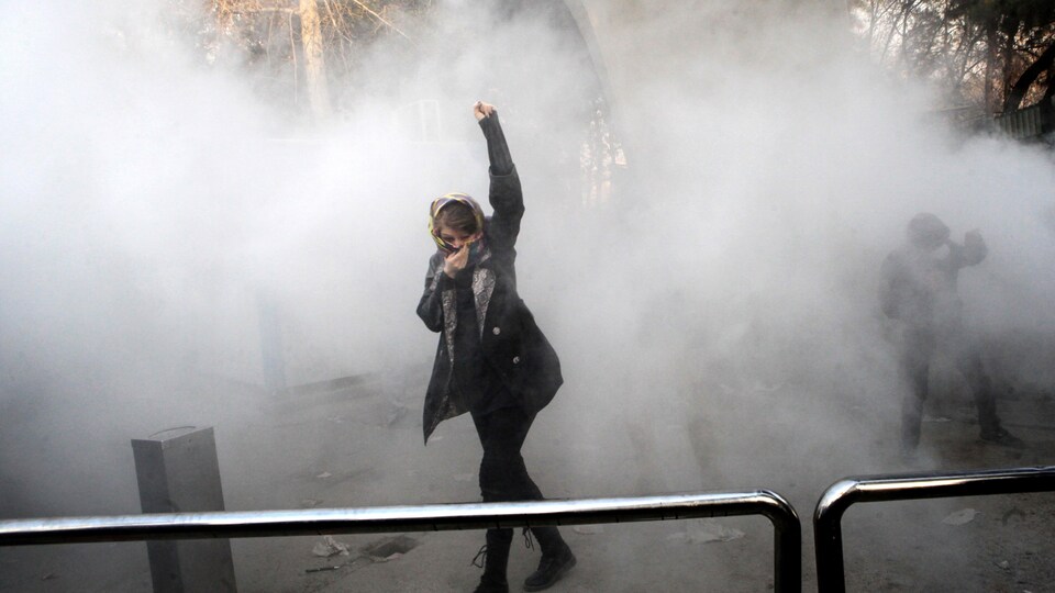 Une manifestante lève le poing dans un nuage de gaz lacrymogène.