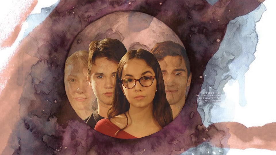 Composition de 4 visages dans un cercle avec des couleurs en aquarelle. Photo d'affiche du spectacle.