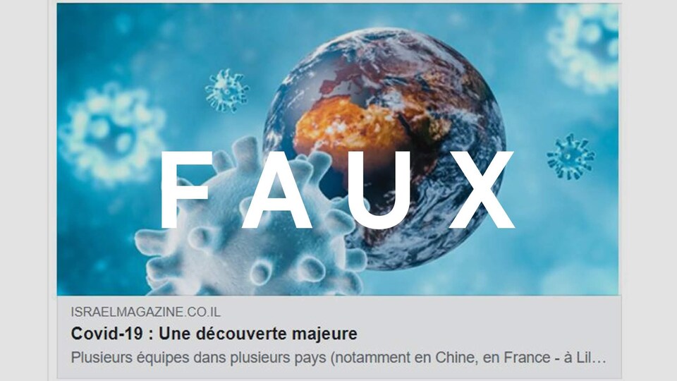 Capture d'écran d'un lien partagé avec le titre "Covid-19 : Une découverte majeure". Le mot FAUX est superposé sur l'image.
