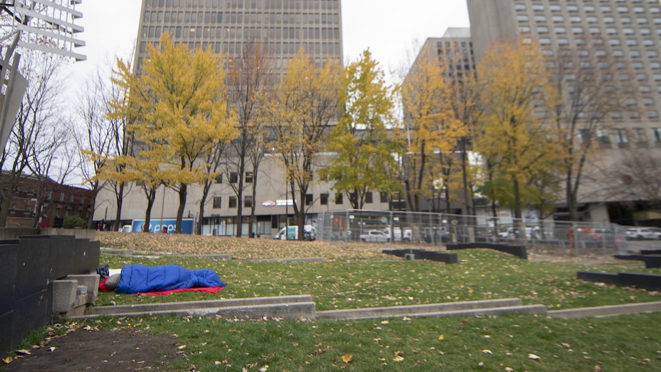 Une personne dort dans un parc à Montréal.
