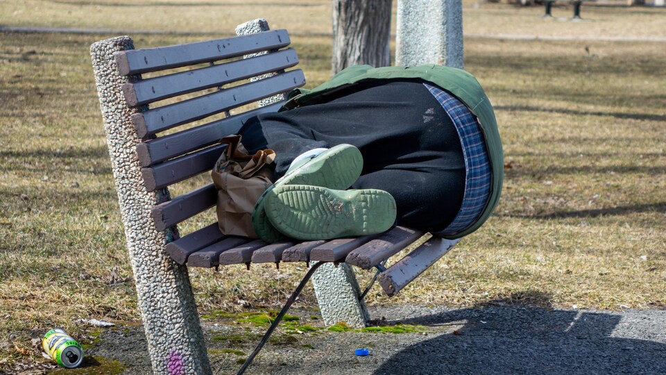 Une personne couchée sur un banc de parc.
