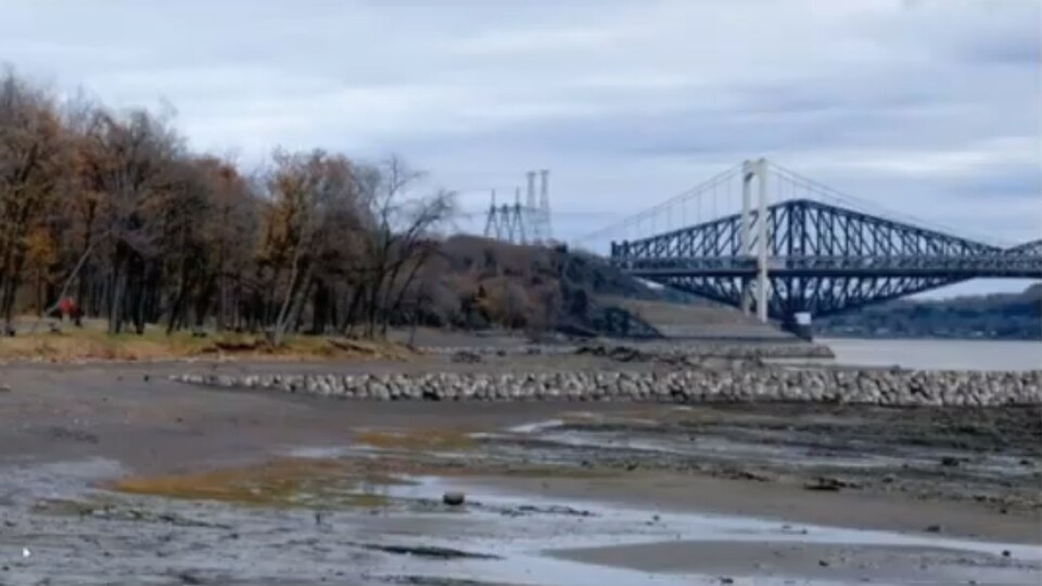 Une série de roches forme une ligne près du fleuve; à l'arrière-plan, les deux ponts de Québec