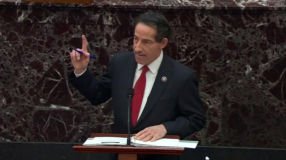 Jamie Raskin, s'adressant aux sénateurs, le doigt levé