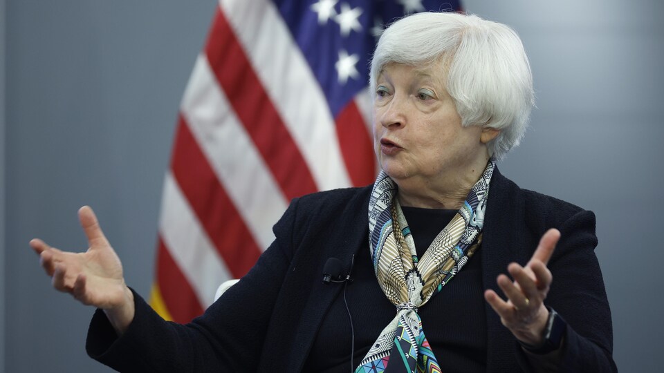 US Treasury Secretary Janet Yellen in front of the US flag.