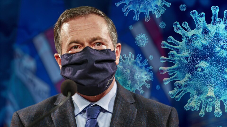 Montage photo : des coronavirus flottent autour du premier ministre albertain Jason Kenney, qui porte un masque.
