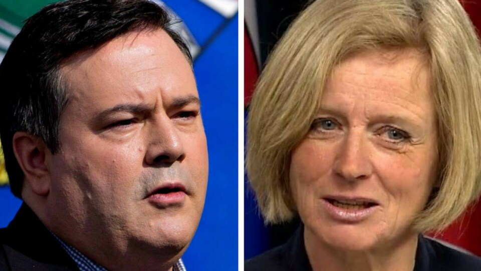À gauche, le visage de Jason Kenney. À droite, le visage de Rachel Notley.