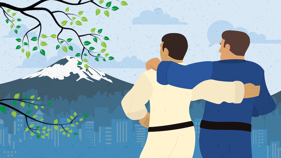 Un dessin montrant deux athlètes bras dessus, bras dessous devant le mont Fuji.