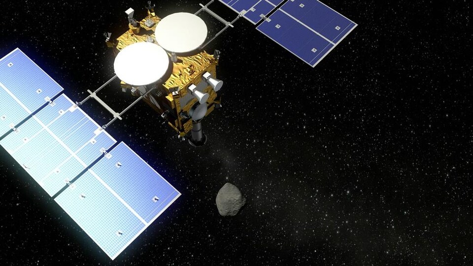 Représentation artistique de la sonde Hayabusa 2 et de l'astéroïde Ryugu.