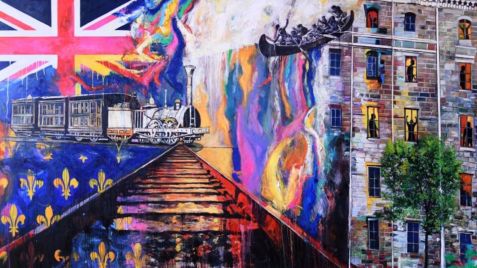 Une peinture riche en couleurs avec un train et le canot de la Chasse-galerie. 