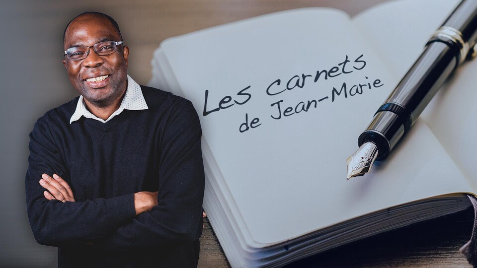 Montage d'images avec Jean-Marie Yambayamba, un stylo et un calepin où on peut lire : «Les carnets de Jean-Marie».