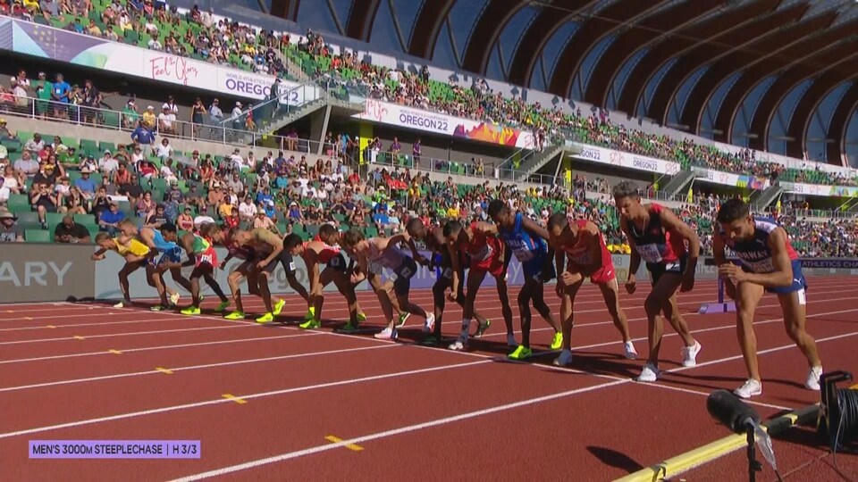 Des sportifs, tous alignés les uns à côté des autres, sur la ligne de départ d'une course sur une piste d'athlétisme.