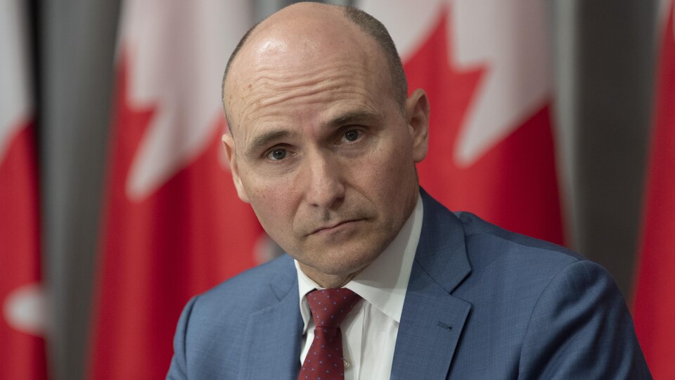 Jean-Yves Duclos devant des drapeaux du Canada.
