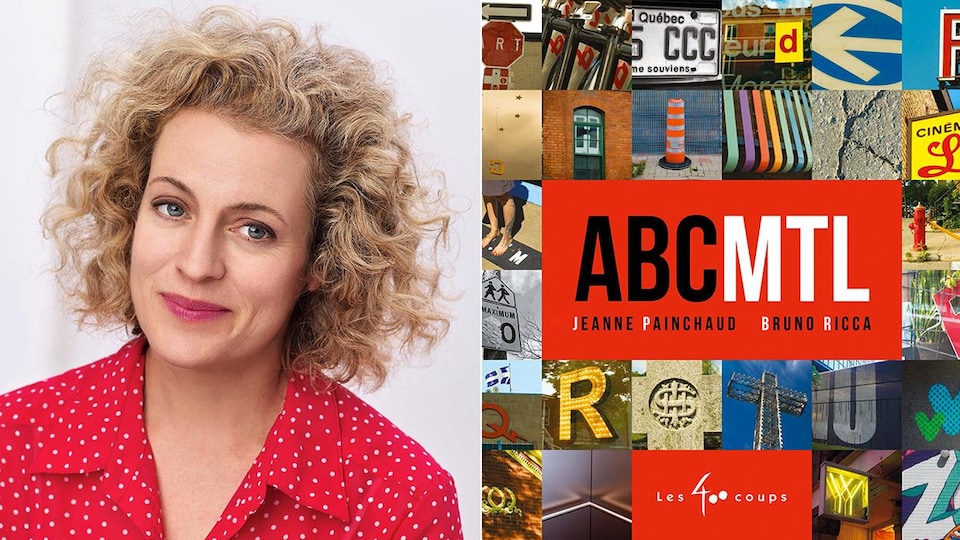 Montage d'un portrait de l'auteure Jeanne Painchaud et de la couverture du livre « ABC MTL » qui présente plusieurs photos de symboles de la ville de Montréal (cône orange, croix du Mont-Royal, etc.)