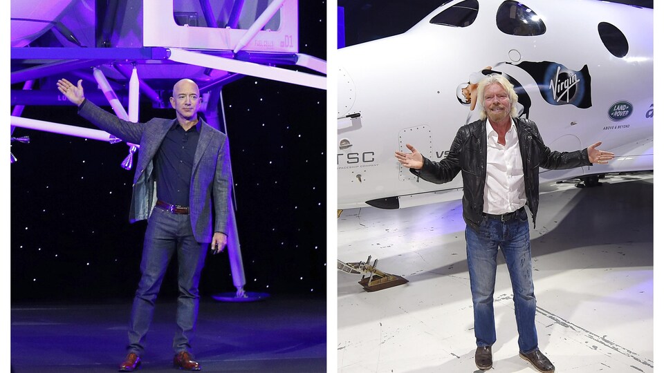 Photos d'archives de 2019 et 2016 montrant Jeff Bezos de Blue Origin et Richard Branson de Virgin Galactic.