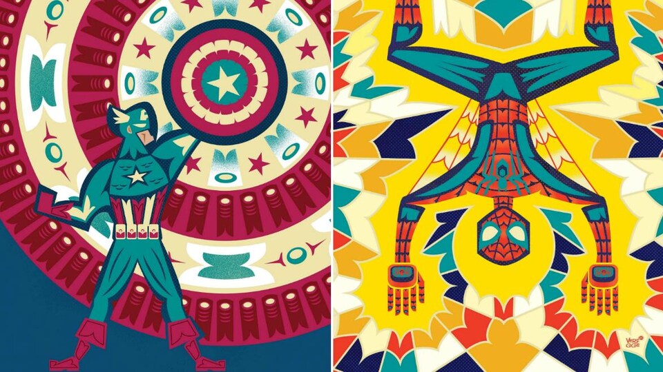 Des personnages dessinés dans un style évoquant l'art tribal.