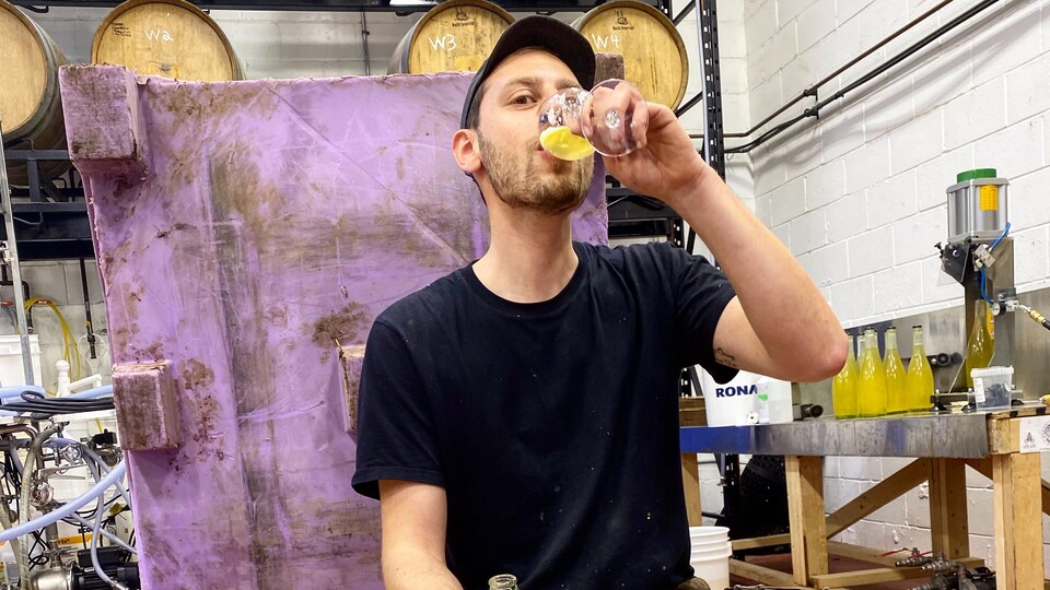 Jesse Oberman boit un verre de son cidre.