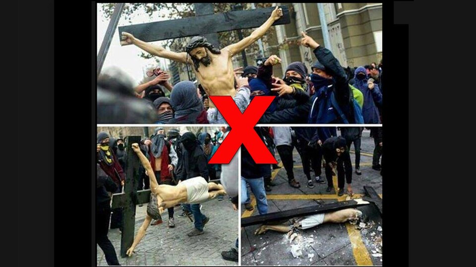 Trois photos montrent des personnes masquées fracasser un crucifix dans la rue.