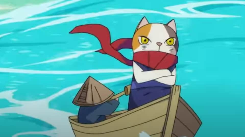 Capture d'écran de l'animation d'un chat déterminé dans un canot sur l'eau.