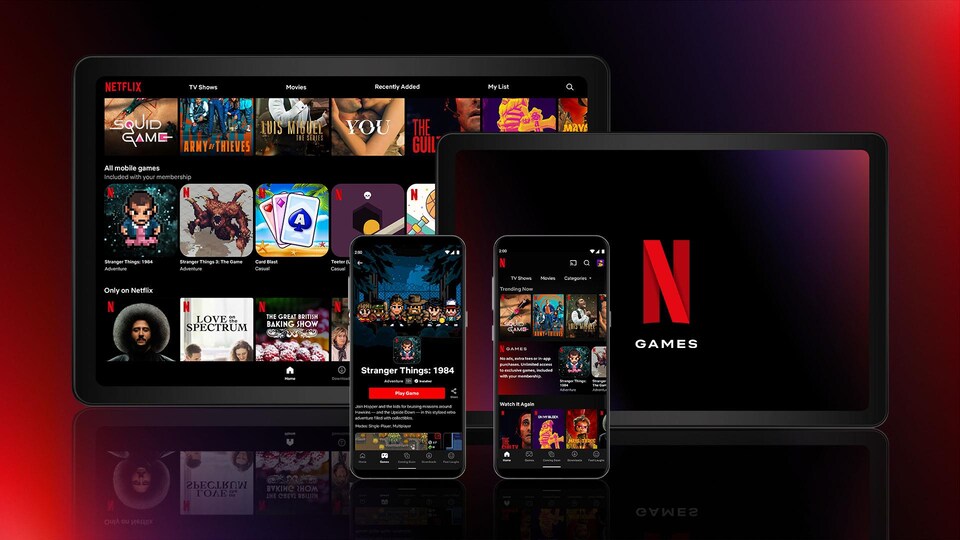 L'interface des jeux Netflix est présentée sur différents formats d'écran. 