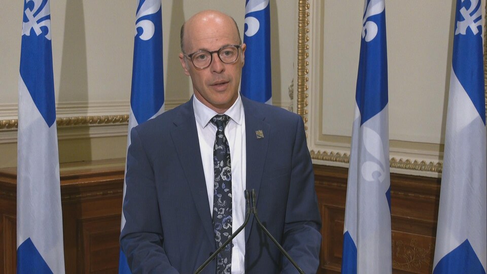 Le député pose devant un micro à l'Assemblée nationale aves des drapeaux du Québec derrière lui.