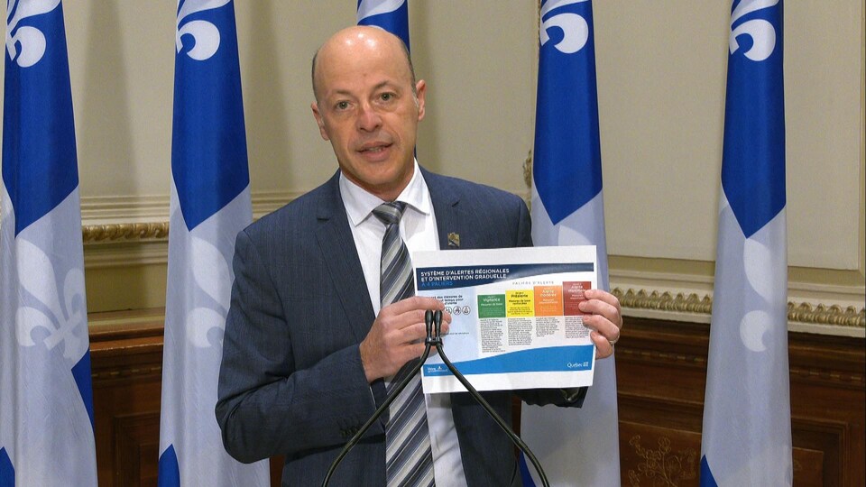 Joël Arseneau présente un tableau avec les différents niveaux d'alerte du gouvernement provincial en matière de COVID-19.