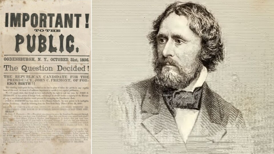À gauche, une couverture de journal de l'époque indiquant que John C. Frémont serait né à l'étranger et à droite, son portrait.