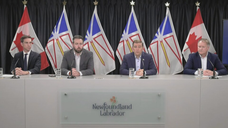 Le ministre de la Sécurité publique,  John Hogan, le ministre de l’Énergie, Andrew Parsons, le premier ministre de Terre-Neuve-et-Labrador, Andrew Furey et le ministre des Transports et des Infrastructures, Elvis Loveless lors d'un point de presse.